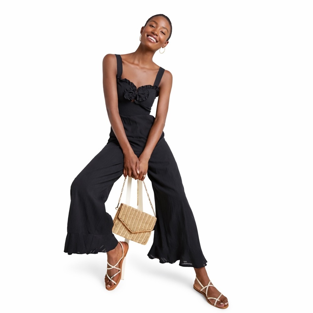 Anthro x Aryessa 10 Fara Bowtie Textured Black 0741 Ruffle Jumpsuit